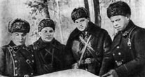 Военный совет 16-й армии. Слева направо: В. И. Казаков, А. А. Лобачев, К. К. Рокоссовский, М. С. Малинин